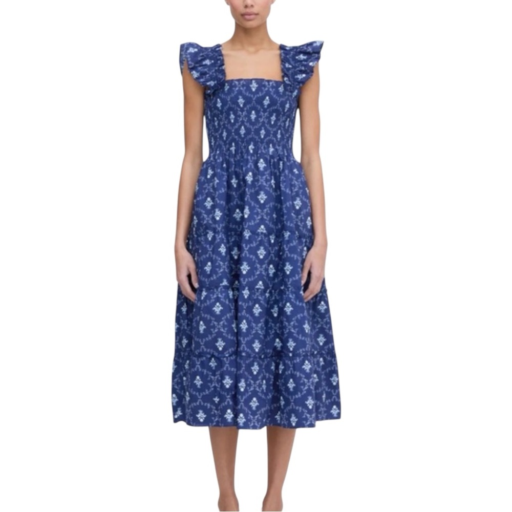 Hill House Indigo Blue Printed Midi Dress